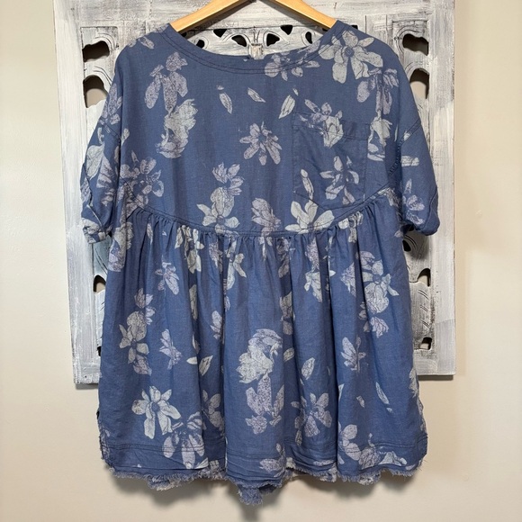 Free People Moon City Blue/White Floral Print Linen Blend Oversize Babydoll Top - Picture 6 of 12
